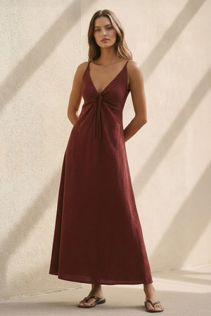 V Neck A - Line Maxi Dress in Burgundy - SHE IS ME
