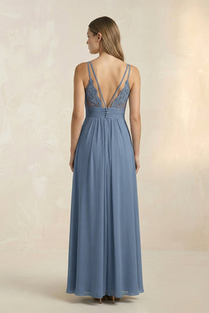V-Neck A-Line Pleated Chiffon Bridesmaid Dress in Neptune - SHE IS ME BRIDESMAID DRESSES