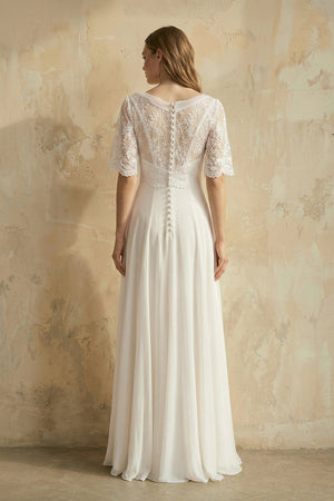 V Neck A Line Short Sleeves Chiffon Wedding Dress in Ivory - SHE IS ME Wedding Dresses