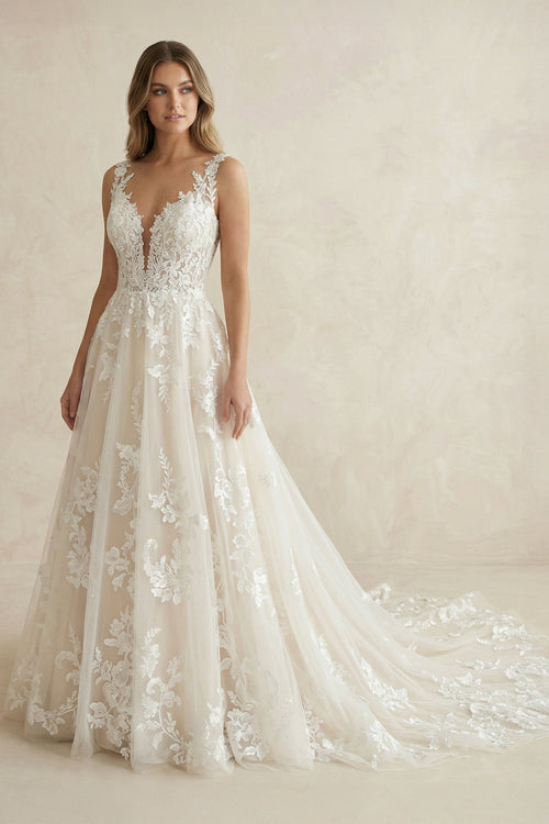 V Neck A Line Tulle Wedding Dress in White and Nude - SHE IS ME Wedding Dresses