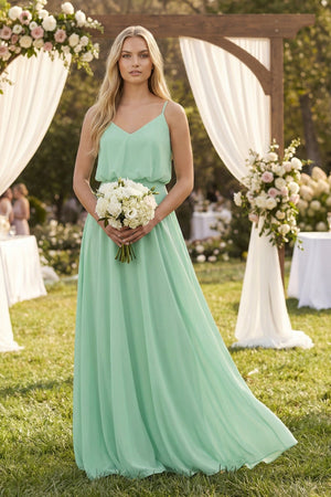 V-Neck Blouson A-Line Chiffon Bridesmaid Dress in Pale Pistachio - SHE IS ME BRIDESMAID DRESSES