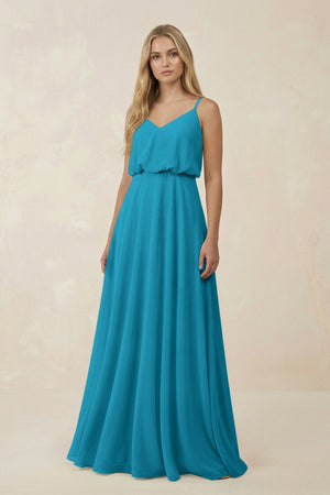 V - Neck Blouson A - Line Chiffon Bridesmaid Dress in Blue Jay - SHE IS ME Bridesmaid Dresses