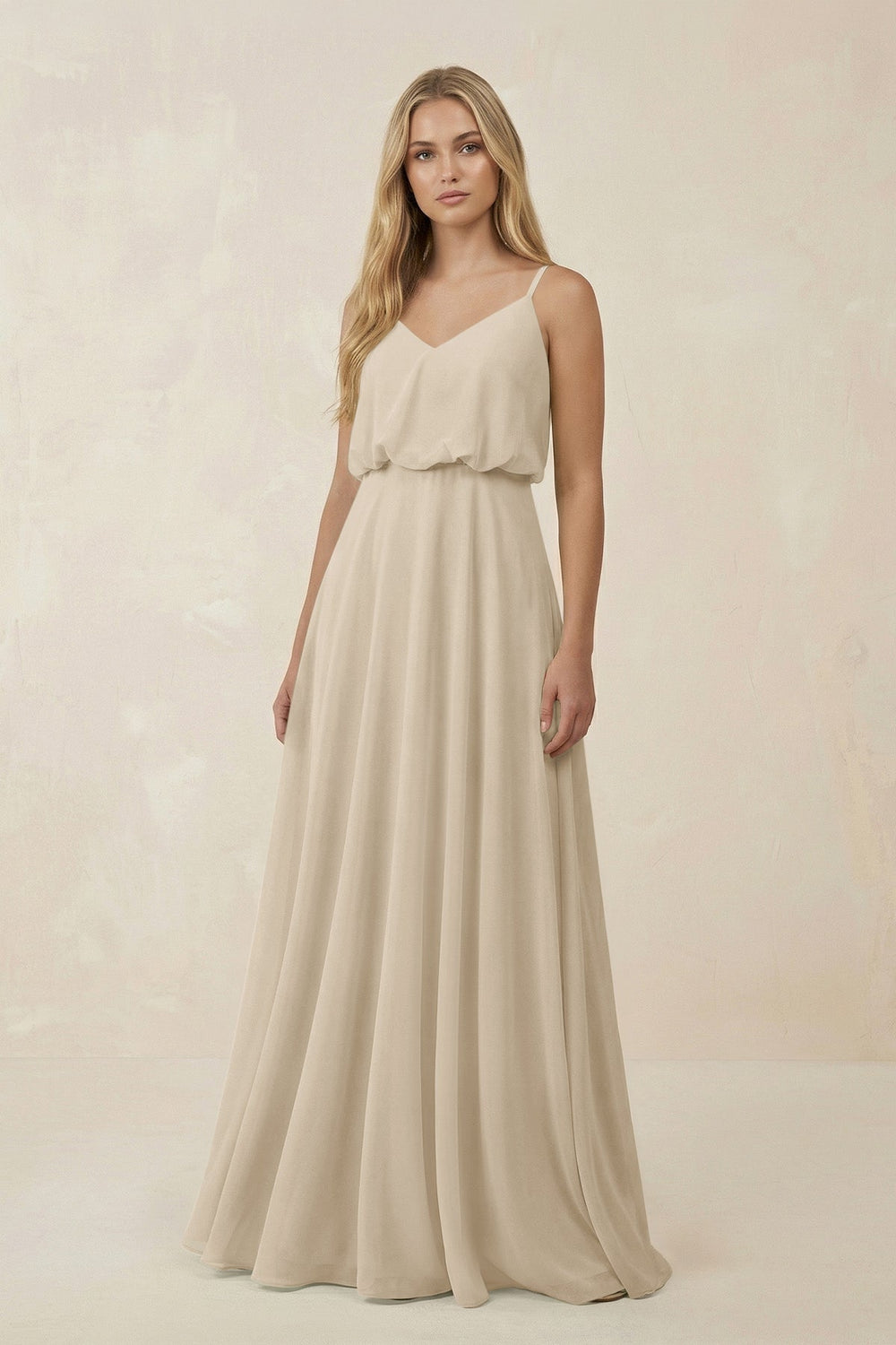 V - Neck Blouson A - Line Chiffon Bridesmaid Dress in Champagne - SHE IS ME Bridesmaid Dresses
