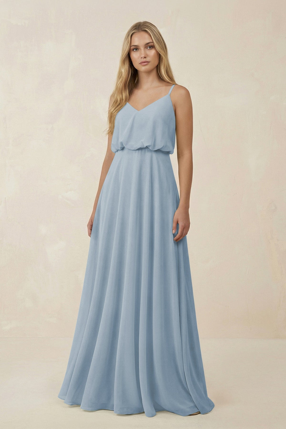 V - Neck Blouson A - Line Chiffon Bridesmaid Dress in Dusty Blue - SHE IS ME Bridesmaid Dresses