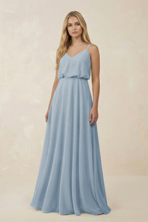 V - Neck Blouson A - Line Chiffon Bridesmaid Dress in Dusty Blue - SHE IS ME Bridesmaid Dresses