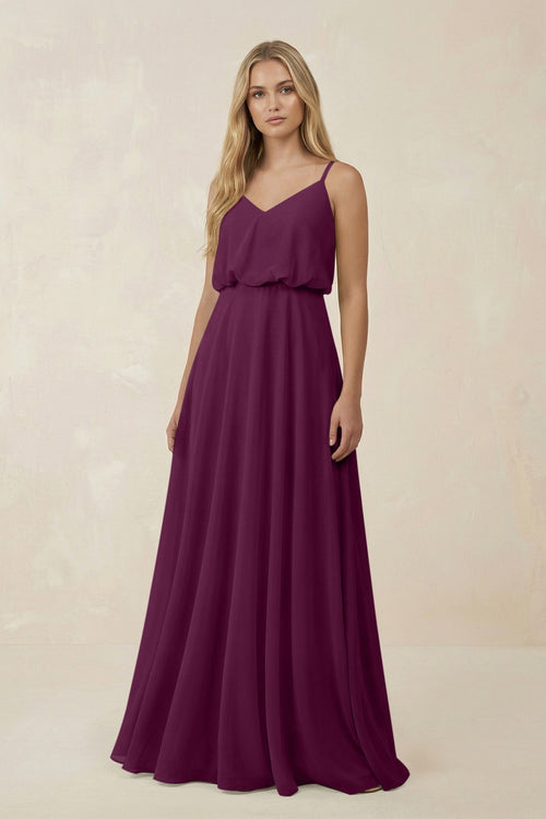 V - Neck Blouson A - Line Chiffon Bridesmaid Dress in Fig - SHE IS ME Bridesmaid Dresses