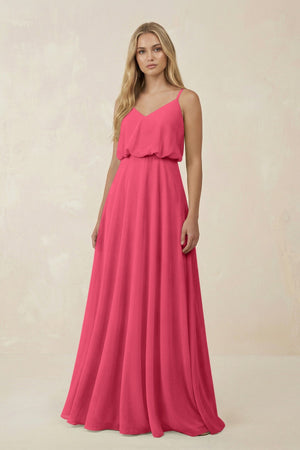 V - Neck Blouson A - Line Chiffon Bridesmaid Dress in Fuchsia - SHE IS ME Bridesmaid Dresses
