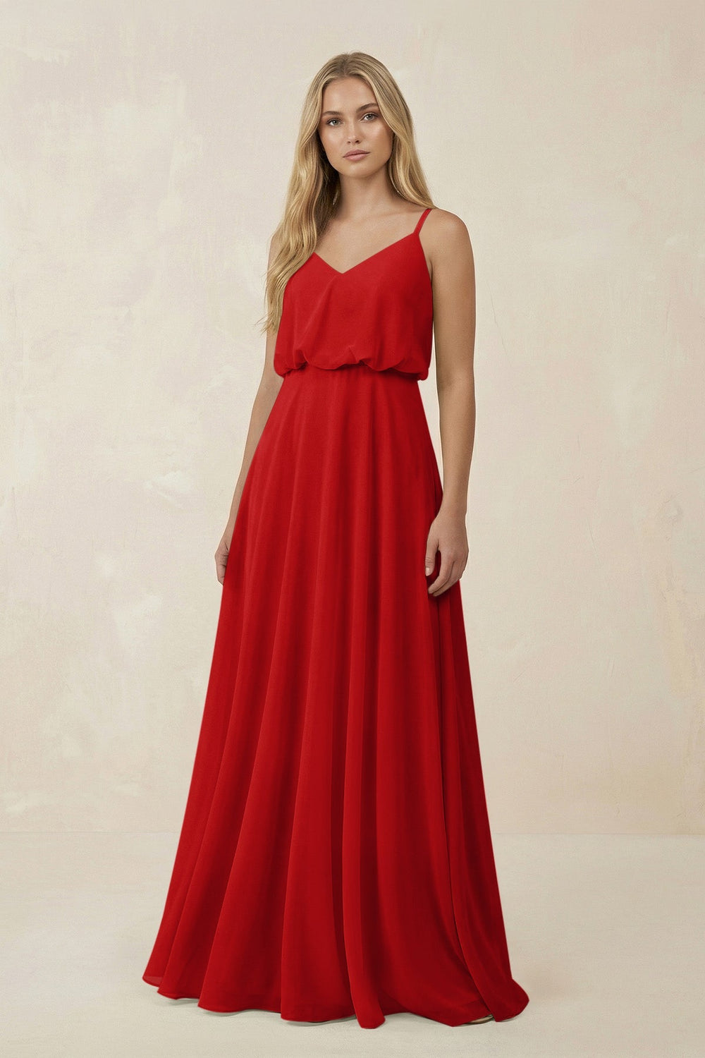 V - Neck Blouson A - Line Chiffon Bridesmaid Dress in Ruby Red - SHE IS ME Bridesmaid Dresses