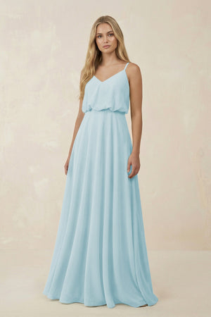 V - Neck Blouson A - Line Chiffon Bridesmaid Dress in Sky Blue - SHE IS ME Bridesmaid Dresses