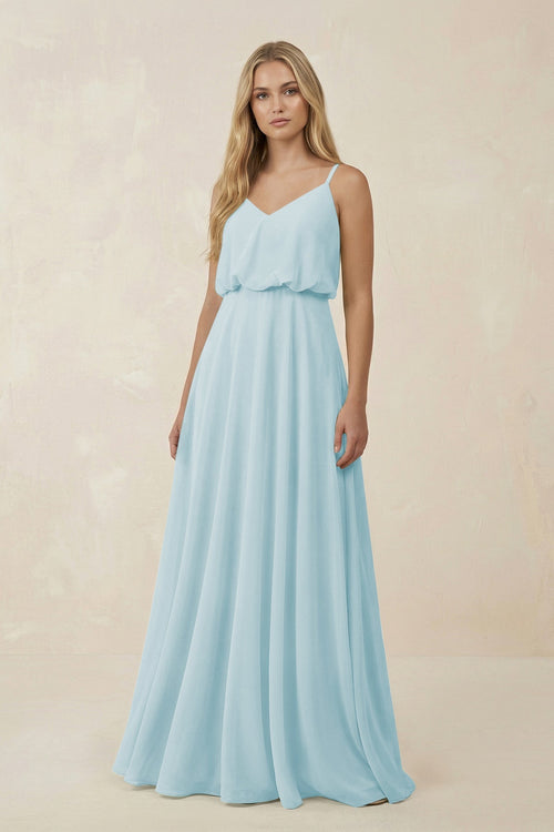 V - Neck Blouson A - Line Chiffon Bridesmaid Dress in Sky Blue - SHE IS ME Bridesmaid Dresses