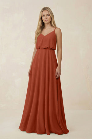 V - Neck Blouson A - Line Chiffon Bridesmaid Dress in Spice - SHE IS ME Bridesmaid Dresses
