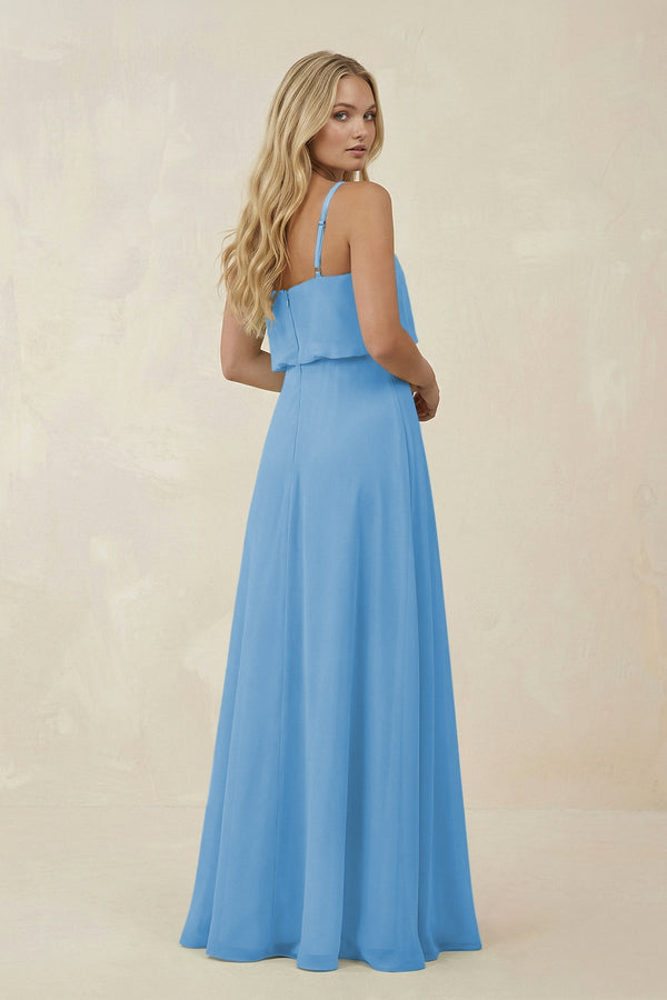 V - Neck Blouson A - Line Chiffon Bridesmaid Dress in Steel Blue - SHE IS ME Bridesmaid Dresses