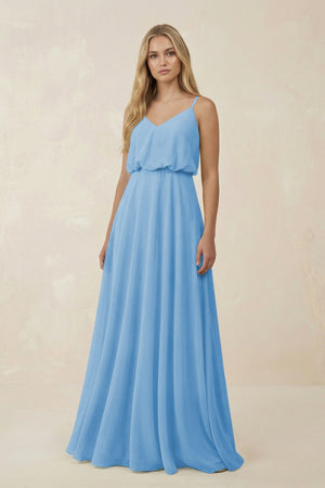 V - Neck Blouson A - Line Chiffon Bridesmaid Dress in Steel Blue - SHE IS ME Bridesmaid Dresses
