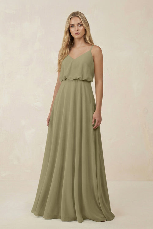 V - Neck Blouson A - Line Chiffon Bridesmaid Dress in Thyme - SHE IS ME Bridesmaid Dresses