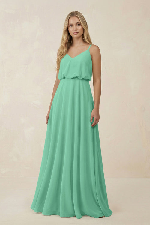 V - Neck Blouson A - Line Chiffon Bridesmaid Dress in Turquoise - SHE IS ME Bridesmaid Dresses