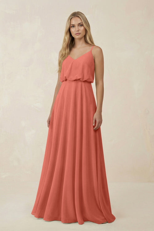 V - Neck Blouson A - Line Chiffon Bridesmaid Dress in Wild Rose - SHE IS ME Bridesmaid Dresses