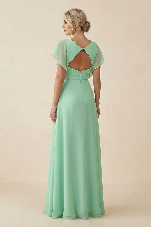 V-Neck Cap Sleeve Chiffon Bridesmaid Dress with Cut-out Back in Pale Pistachio - SHE IS ME BRIDESMAID DRESSES