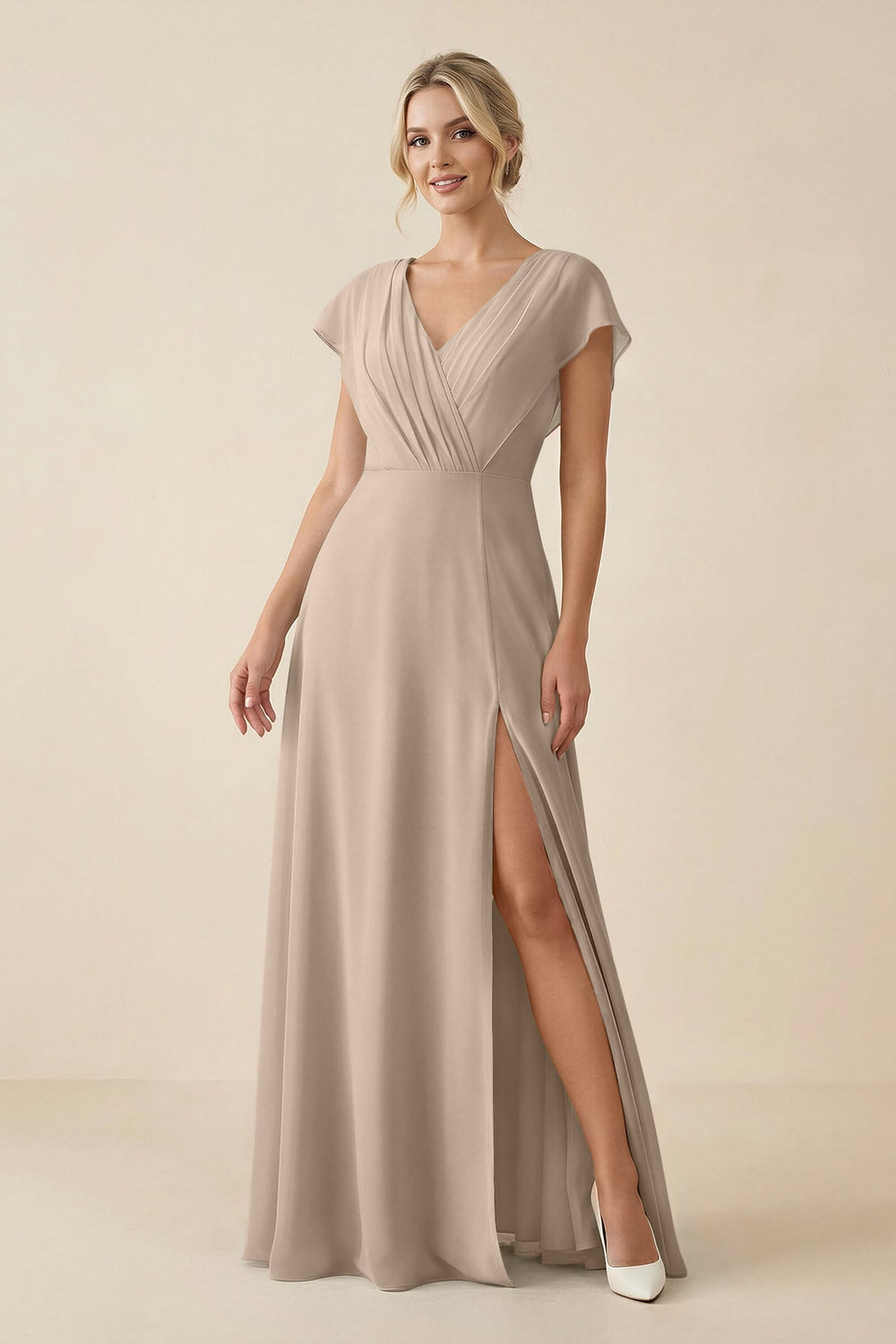 V - Neck Cap Sleeve Chiffon Bridesmaid Dress with Cut - out Back in Almond - SHE IS ME Bridesmaid Dresses