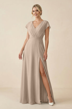 V - Neck Cap Sleeve Chiffon Bridesmaid Dress with Cut - out Back in Almond - SHE IS ME Bridesmaid Dresses