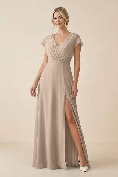 V - Neck Cap Sleeve Chiffon Bridesmaid Dress with Cut - out Back in Almond - SHE IS ME Bridesmaid Dresses