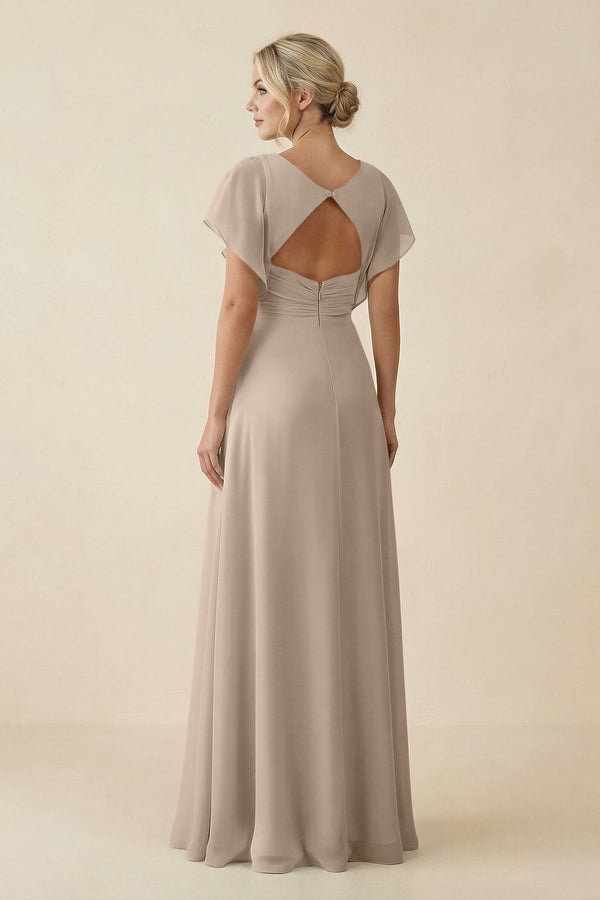 V - Neck Cap Sleeve Chiffon Bridesmaid Dress with Cut - out Back in Almond - SHE IS ME Bridesmaid Dresses
