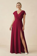 V - Neck Cap Sleeve Chiffon Bridesmaid Dress with Cut - out Back in Berry - SHE IS ME Bridesmaid Dresses