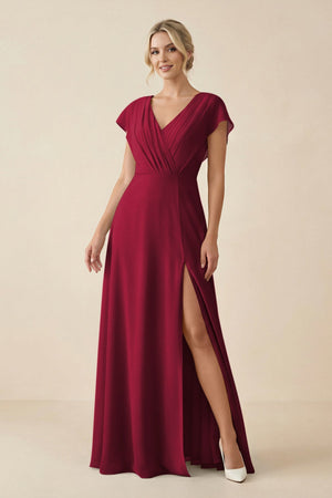 V - Neck Cap Sleeve Chiffon Bridesmaid Dress with Cut - out Back in Berry - SHE IS ME Bridesmaid Dresses