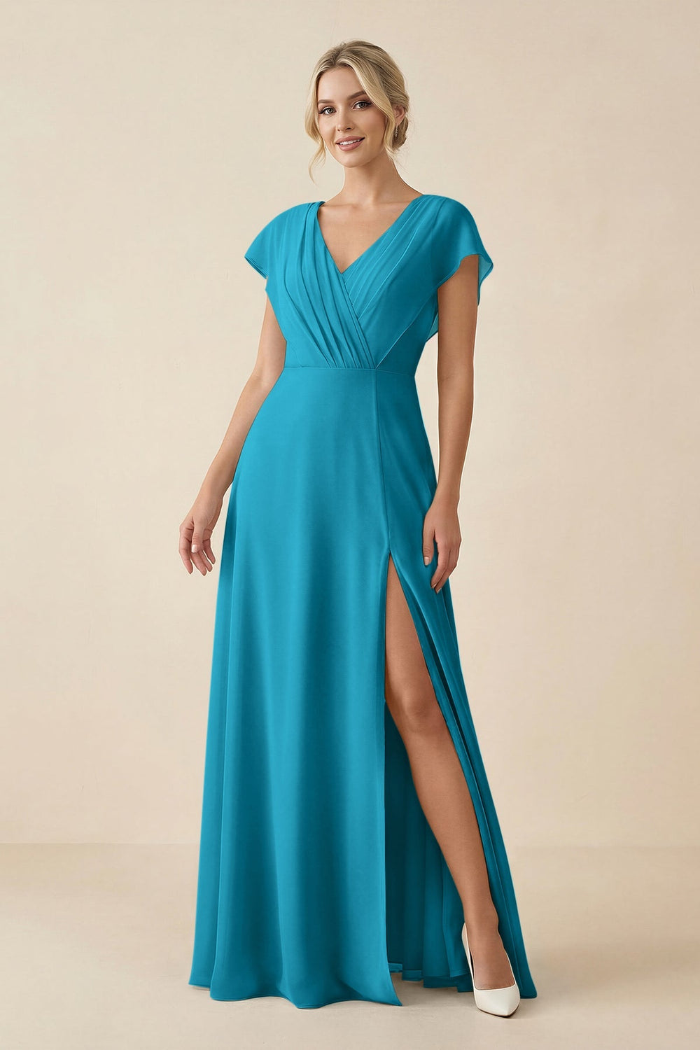 V - Neck Cap Sleeve Chiffon Bridesmaid Dress with Cut - out Back in Blue Jay - SHE IS ME Bridesmaid Dresses