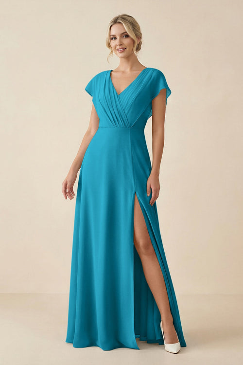 V - Neck Cap Sleeve Chiffon Bridesmaid Dress with Cut - out Back in Blue Jay - SHE IS ME Bridesmaid Dresses