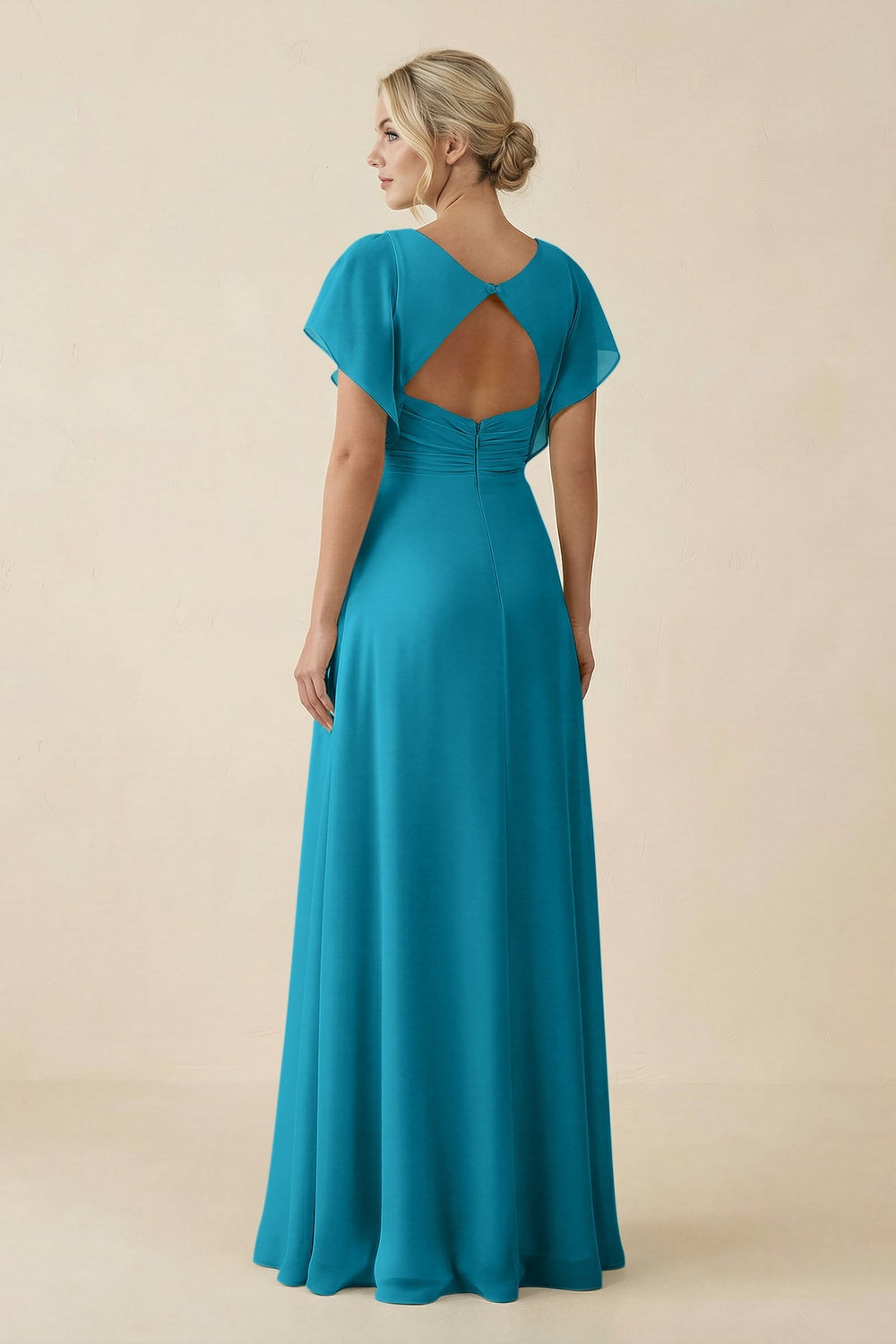 V - Neck Cap Sleeve Chiffon Bridesmaid Dress with Cut - out Back in Blue Jay - SHE IS ME Bridesmaid Dresses