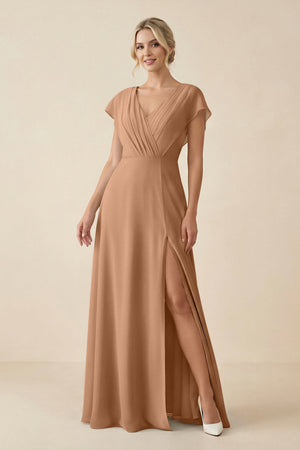 V - Neck Cap Sleeve Chiffon Bridesmaid Dress with Cut - out Back in Bronzer - SHE IS ME Bridesmaid Dresses