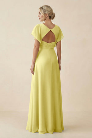 V - Neck Cap Sleeve Chiffon Bridesmaid Dress with Cut - out Back in Buttercup - SHE IS ME Bridesmaid Dresses