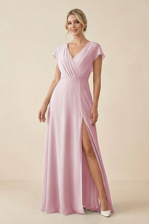 V - Neck Cap Sleeve Chiffon Bridesmaid Dress with Cut - out Back in Candy Pink - SHE IS ME Bridesmaid Dresses