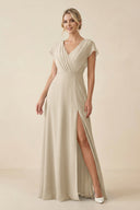 V - Neck Cap Sleeve Chiffon Bridesmaid Dress with Cut - out Back in Champagne - SHE IS ME Bridesmaid Dresses