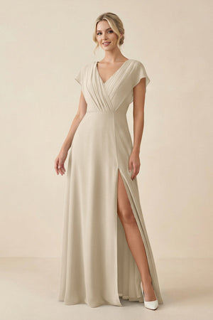 V - Neck Cap Sleeve Chiffon Bridesmaid Dress with Cut - out Back in Champagne - SHE IS ME Bridesmaid Dresses
