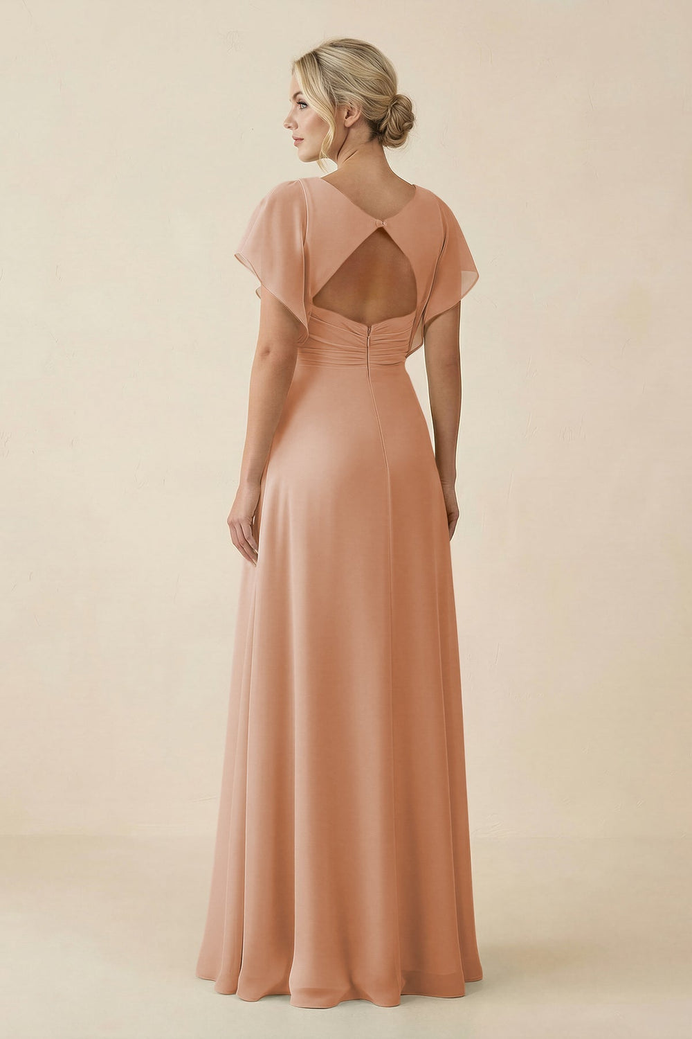 V - Neck Cap Sleeve Chiffon Bridesmaid Dress with Cut - out Back in Champagne Rose - SHE IS ME Bridesmaid Dresses