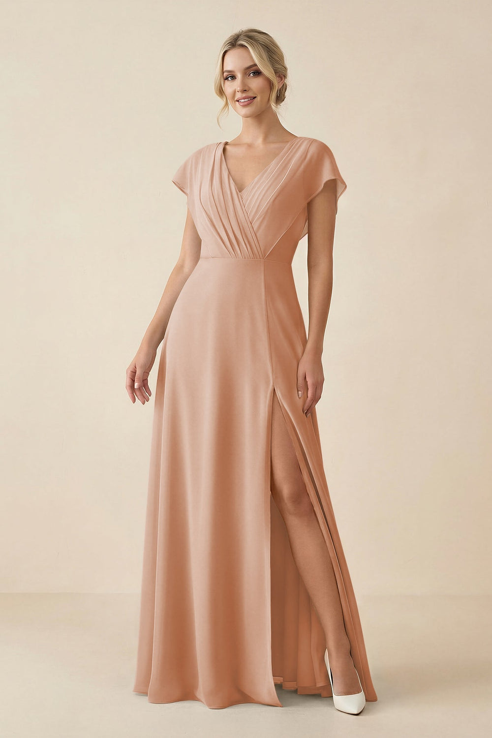 V - Neck Cap Sleeve Chiffon Bridesmaid Dress with Cut - out Back in Champagne Rose - SHE IS ME Bridesmaid Dresses