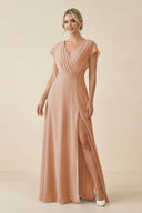 V - Neck Cap Sleeve Chiffon Bridesmaid Dress with Cut - out Back in Champagne Rose - SHE IS ME Bridesmaid Dresses