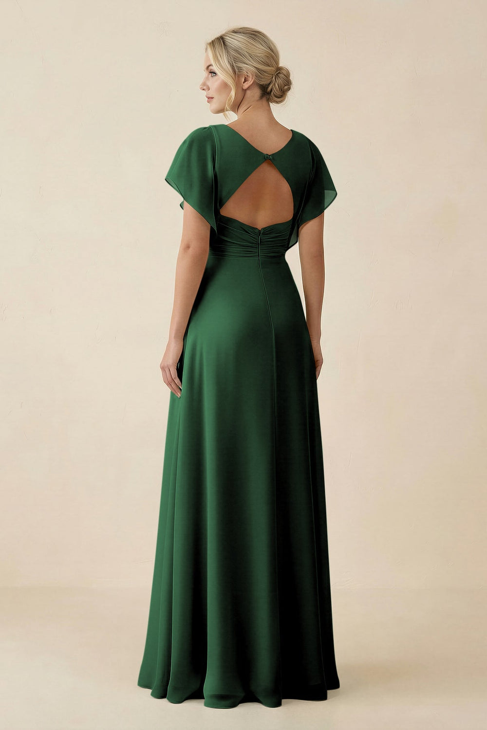 V - Neck Cap Sleeve Chiffon Bridesmaid Dress with Cut - out Back in Dark Green - SHE IS ME Bridesmaid Dresses