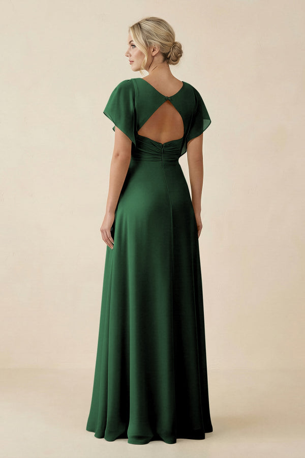 V - Neck Cap Sleeve Chiffon Bridesmaid Dress with Cut - out Back in Dark Green - SHE IS ME Bridesmaid Dresses
