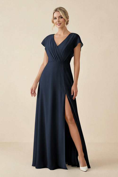 V - Neck Cap Sleeve Chiffon Bridesmaid Dress with Cut - out Back in Dark Navy - SHE IS ME Bridesmaid Dresses