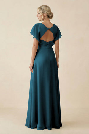 V - Neck Cap Sleeve Chiffon Bridesmaid Dress with Cut - out Back in Dark Teal - SHE IS ME Bridesmaid Dresses