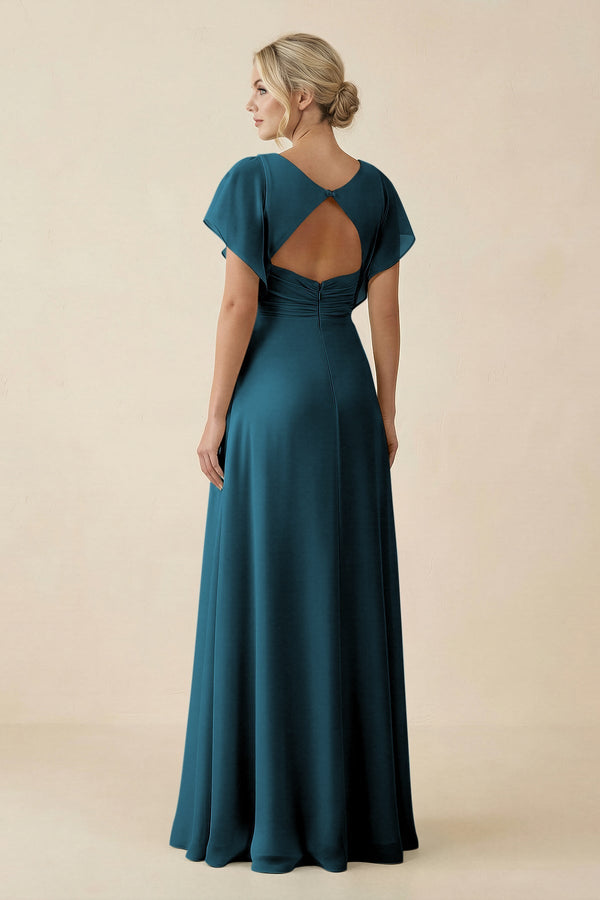V - Neck Cap Sleeve Chiffon Bridesmaid Dress with Cut - out Back in Dark Teal - SHE IS ME Bridesmaid Dresses