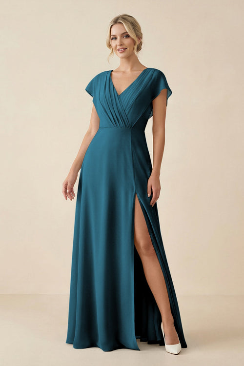 V - Neck Cap Sleeve Chiffon Bridesmaid Dress with Cut - out Back in Dark Teal - SHE IS ME Bridesmaid Dresses