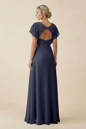 V - Neck Cap Sleeve Chiffon Bridesmaid Dress with Cut - out Back in Dusk Blue - SHE IS ME Bridesmaid Dresses