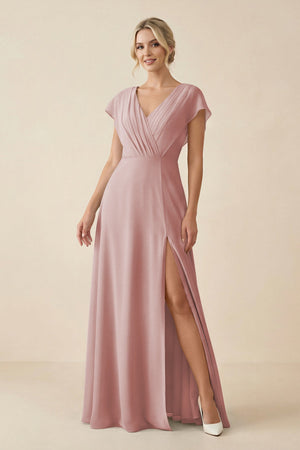 V - Neck Cap Sleeve Chiffon Bridesmaid Dress with Cut - out Back in Dusty Rose - SHE IS ME Bridesmaid Dresses