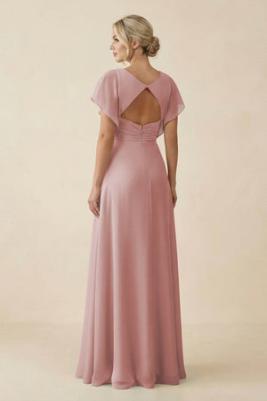 V - Neck Cap Sleeve Chiffon Bridesmaid Dress with Cut - out Back in Dusty Rose - SHE IS ME Bridesmaid Dresses