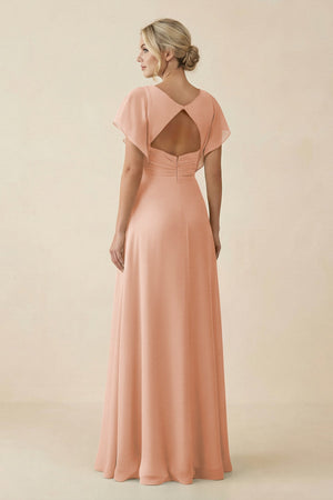V - Neck Cap Sleeve Chiffon Bridesmaid Dress with Cut - out Back in English Rose - SHE IS ME Bridesmaid Dresses