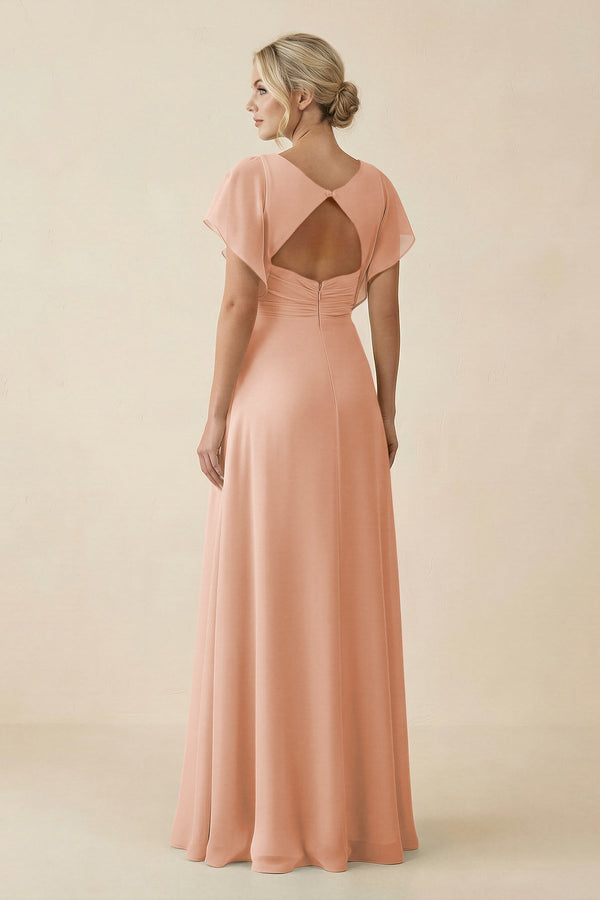 V - Neck Cap Sleeve Chiffon Bridesmaid Dress with Cut - out Back in English Rose - SHE IS ME Bridesmaid Dresses