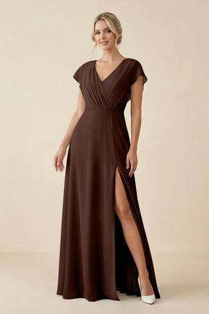 V - Neck Cap Sleeve Chiffon Bridesmaid Dress with Cut - out Back in Espresso - SHE IS ME Bridesmaid Dresses